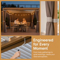 Pergola motorisée intelligente en aluminium thermolaqué avec lames à effet bois, éclairage RGB extérieur, contrôle par application, capteur de pluie, écologique