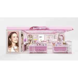 Pink color decorative mall cosmetic display kiosk design makeup display store for custom