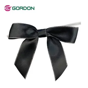 Gordon Ribbon custom silver edge black color satin ribbon bow tie with wire twist wrapping ribbons bow christmas decoration bow