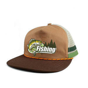 Gorra Trucker de 5 Paneles con Visera Plana, Logotipo de Pescado Bordado Personalizado, 100% Algodón, Malla, Moda, 2 Rayas Laterales, Estilo Australiano - Product Image 1