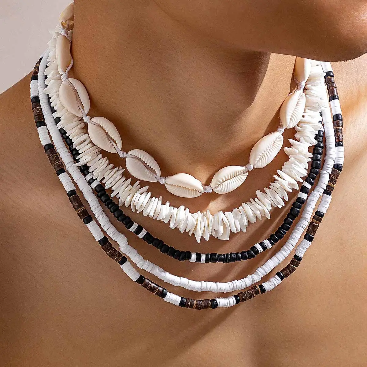 Bohême grosse coquille en bois polymère argile perles plage vacances Boho collier couche colliers ensemble pour femmes hommes