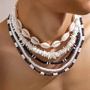 Bohemia Chunky Shell Wooden Polymer Clay Beads Beach Holiday Boho Necklace Layer Necklaces Set For Women Men