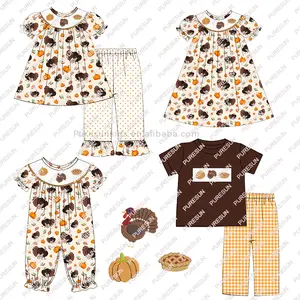 Puresun-Conjuntos de ropa de bebé de diseño de Acción de Gracias, pantalones largos bordados de calabaza, conjunto de ropa para niños
