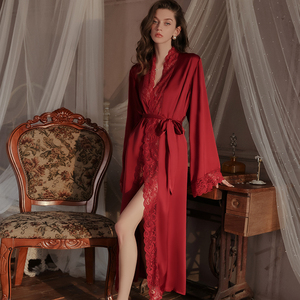 Indossa da notte Sexy in raso lungo da donna con finiture in pizzo elegante abbigliamento da notte a portafoglio <span class=keywords><strong>Kimono</strong></span> lussuoso Look in seta Boudoir da sposa <span class=keywords><strong>rosso</strong></span> - Product Image 1