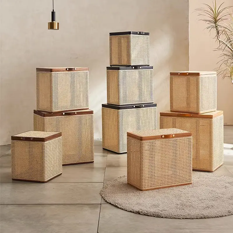 Caja de almacenamiento hecha de mimbre tejido armario de almacenamiento de madera maciza caja de almacenamiento minimalista para el hogar hecho a mano de Bambú