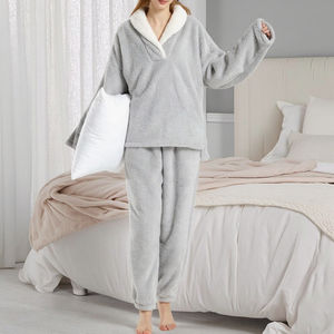 Custom Pajamas Factory Winter Plush Fleece Pijamas for Women Shawl Collar Thick Coral Fleece <strong>Fluffy</strong> <strong>Pyjamas</strong> <strong>Set</strong> for Ladies Girls - Product Image 1