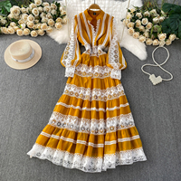 Robe longue décontractée pour femmes, élégante, vert clair, dentelle, patchwork, manches longues, coupe évasée, pour les vacances, tenue quotidienne, robes pour femmes, élégante