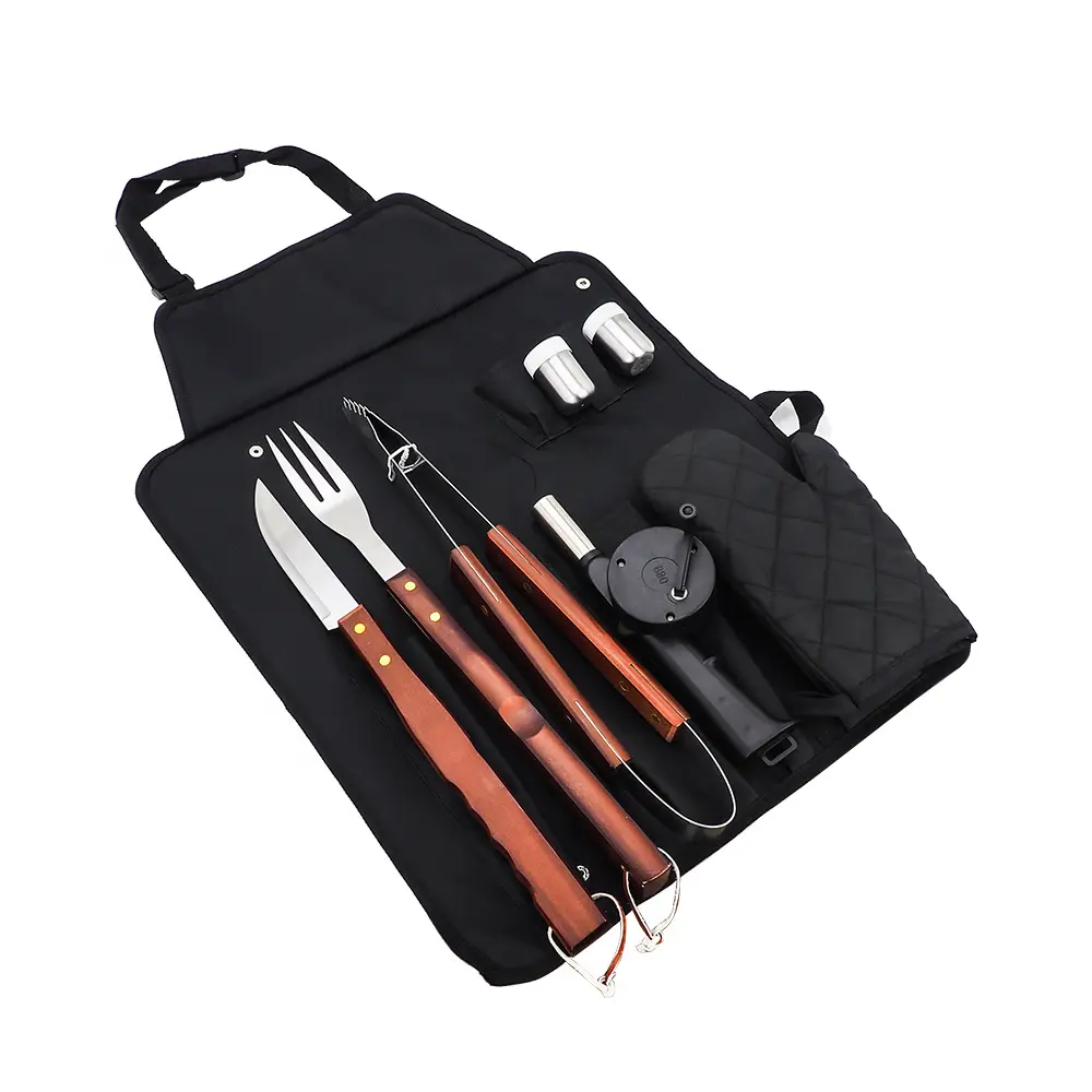 HQBT-8W Multi-functions Best-Selling 8 Pcs Stainless Steel Grill Kit With an Apron Wooden Handle BBQ Tools Set