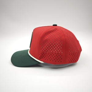Casquette de baseball imperméable en polyester bleu à 5 panneaux avec logo personnalisé en patch de caoutchouc Dobby Dot, visière plate et trous découpés au laser - Product Image 4