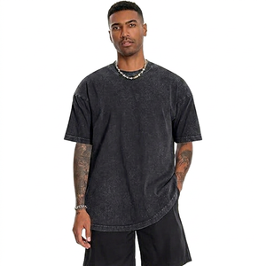 T-shirt en coton noir surdimensionné pour homme, manches courtes, col rond, jersey uni décontracté - Product Image 1