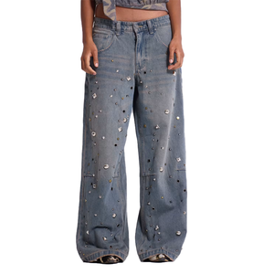 All'ingrosso 100% cotone pesante Denim oversize Skate Fit da <span class=keywords><strong>uomo</strong></span> a <span class=keywords><strong>vita</strong></span> <span class=keywords><strong>bassa</strong></span> grigio blu lavaggio chiodato colosso <span class=keywords><strong>Jeans</strong></span> - Product Image 1