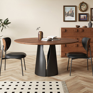 Mesa de Comedor Redonda de Madera Maciza con Incrustaciones de Nogal Negro, Muebles Giratorios para Comedor - Product Image 4