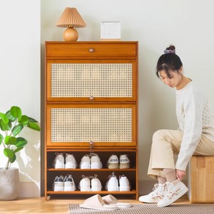 Bamboo and rattan woven <b>shoe</b> cabinet, dustproof, simple indoor <b>storage</b> for home use, with cabinet doors and <b>shoe</b> <b>rack</b>. - Product Image 3