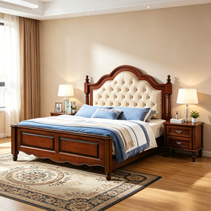 Traditional Mahogany Queen Size Upholstered Bed Frame with Faux Leather Headboard and Wood Construction - Product Image 1