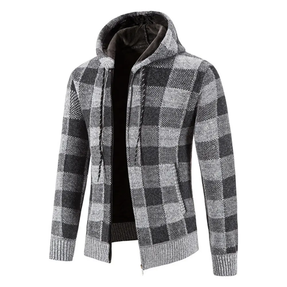 Hooded Knitted Cardigan Jacket Men's Autumn and Winter Plush Thickened Warm and Cold proof Slim Plaid Sweater Coat