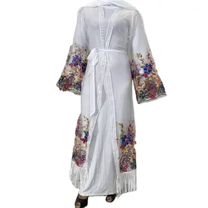 Embroidery flower pattern transparent lace long open classic muslim latest fashion lace design abaya