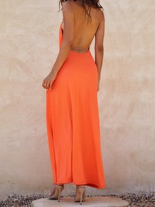 Thời Trang Đảng Thanh Lịch Halter Không Tay Hollow out Backless Cao Slit <span class=keywords><strong>Orange</strong></span> <span class=keywords><strong>Midi</strong></span> Phụ Nữ Sexy Ăn Mặc - Product Image 6