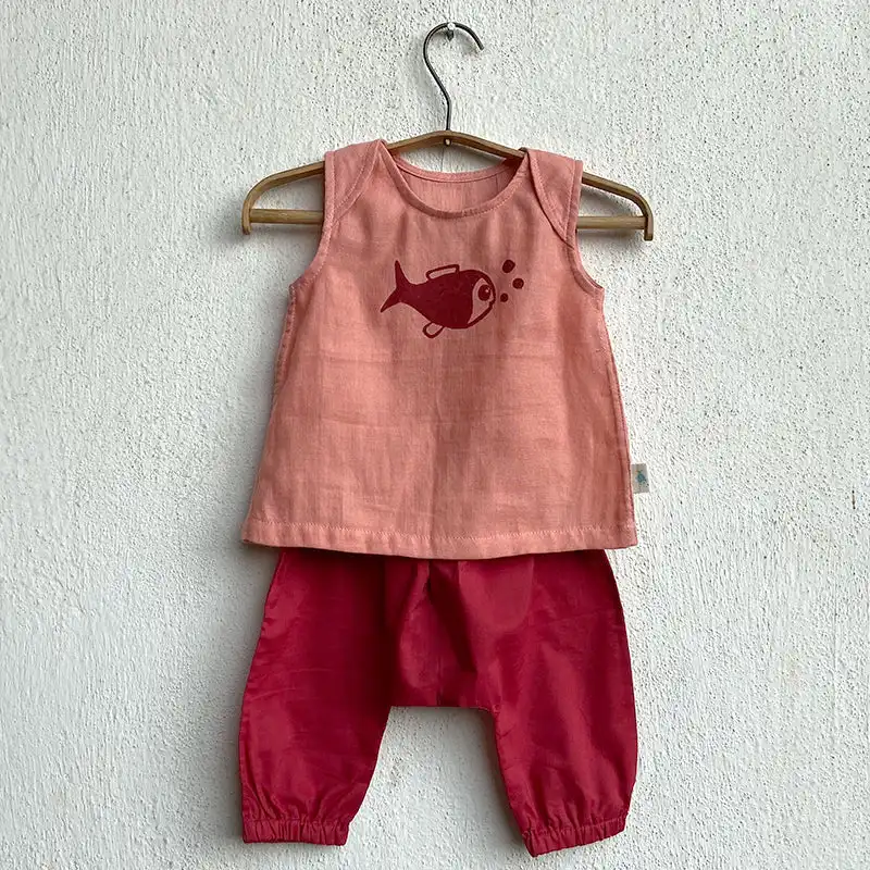 Conjunto de Top y pantalones sin mangas para niñas, conjunto de algodón orgánico 100%, holgado, informal, personalizado, color rosa, para verano