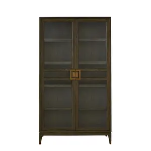 MRS WOODS porta in vetro antico grande libreria classica in legno massello di quercia naturale con cassetti - Product Image 1