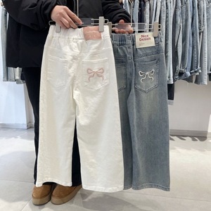 Nuovi Jeans in Cotone per Ragazze, <span class=keywords><strong>Pantaloni</strong></span> Lunghi <span class=keywords><strong>Bianchi</strong></span> a Gamba Dritta per Bambine - Product Image 1