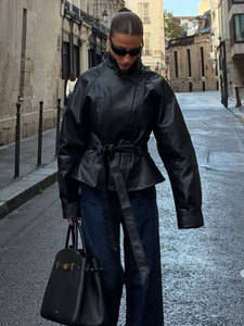 ZEVITY – veste noire à manches courtes et longues pour femmes, avec fermeture éclair, revers, ceinture, style <span class=keywords><strong>vintage</strong></span>, en PU, veste de <span class=keywords><strong>moto</strong></span>, manteau d'extérieur - Product Image 3