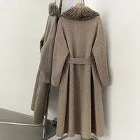 OFTBUY Neuer Winter-Mantel für Damen mit Gürtel, Langer Woll-Alpaka-Mix-Mantel, Übergroßer Echtfell-Kragen, Wickel-Maxi-Jacke