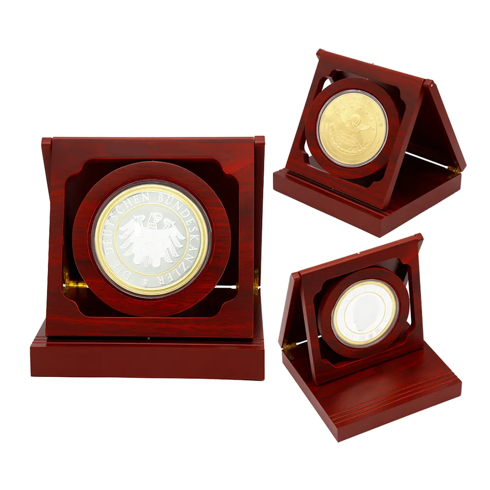 Ücretsiz sanat üreticisi 3D özel altın madalyonlar hatıra hediye ekran ahşap kutu Metal meydan sikke tutucu standı ile