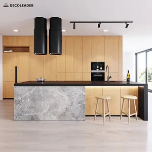 Modular wood veneer kitchen cabinet set designed with a long run of tall units and unique kitchen island