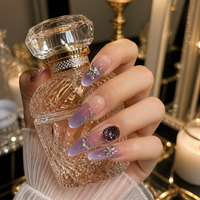 Ongles à presser en acrylique de luxe faits main Baolun, avec colle, motif œil de chat magnétique dégradé violet mystique, grandes pierres précieuses et breloques étoiles argentées