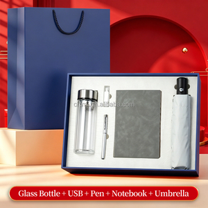 Ensemble cadeau d'entreprise personnalisé avec logo, gobelet en verre, parapluie pliable, stylo, clé USB, carnet, 5 en 1, souvenir d'entreprise - Product Image 4