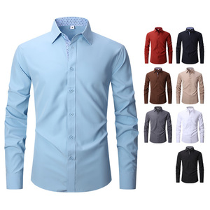 Chemises décontractées pour hommes, extensibles sur quatre côtés, manches longues, couleur unie, col carré, polyester, vente en gros - Product Image 1