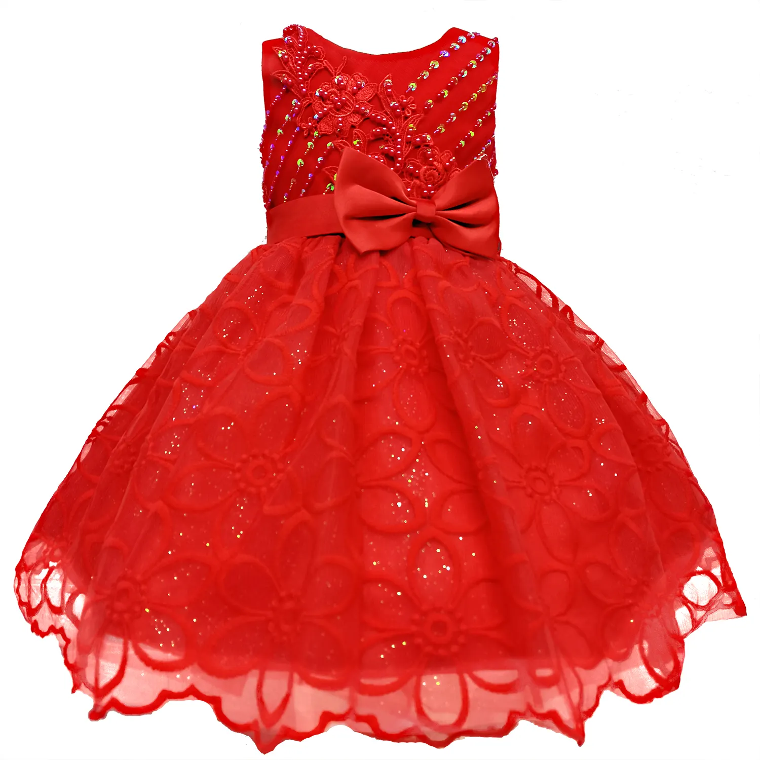 Vestido de novia de niña de flores de estilo elegante vestidos de niña grande con cuentas para fiesta vestido de princesa de banquete rojo para niños para 2-10