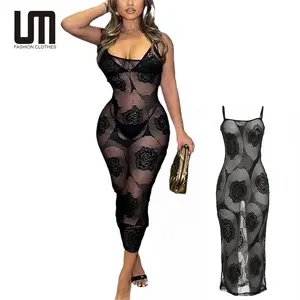 Liu Ming New Product 2024 Women Sexy Hot See Through Mesh Floral Patchwork Night Club Party Maxi Dress
