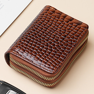 Porte-cartes poli en cuir PU, portefeuilles courts, porte-monnaie à double fermeture éclair avec porte-clés, pochette à motif crocodile gaufré - Product Image 6