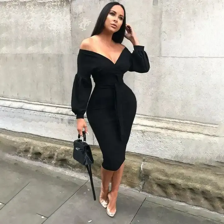 2024 Hot Selling Women Deep V Neck Elegant Dress Off Shoulder Stylish Sexy Dress Fall Lantern Sleeve Midi Dress