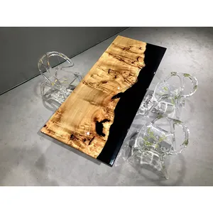 Table basse noire de résine époxyde de bord de texture de pierre gemme 2200*900*45mm dessus de Table époxyde en bois solide