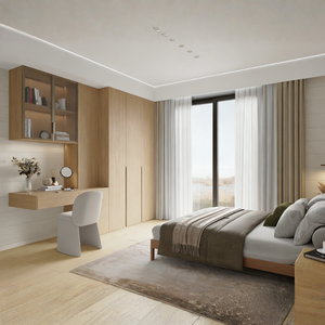 Armadio Moderno Personalizzato Sofeyia con Finitura in Legno Naturale, Scrivania Sospesa e Vetrina con Vetro Scanalato per Hotel - Product Image 1