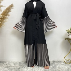 1889# Modest Nida Material Splice Chiffon Stripe Loose Sleeves <b>Cardigan</b> Muslim Islamic <b>Spring</b> Summer Abaya - Product Image 2
