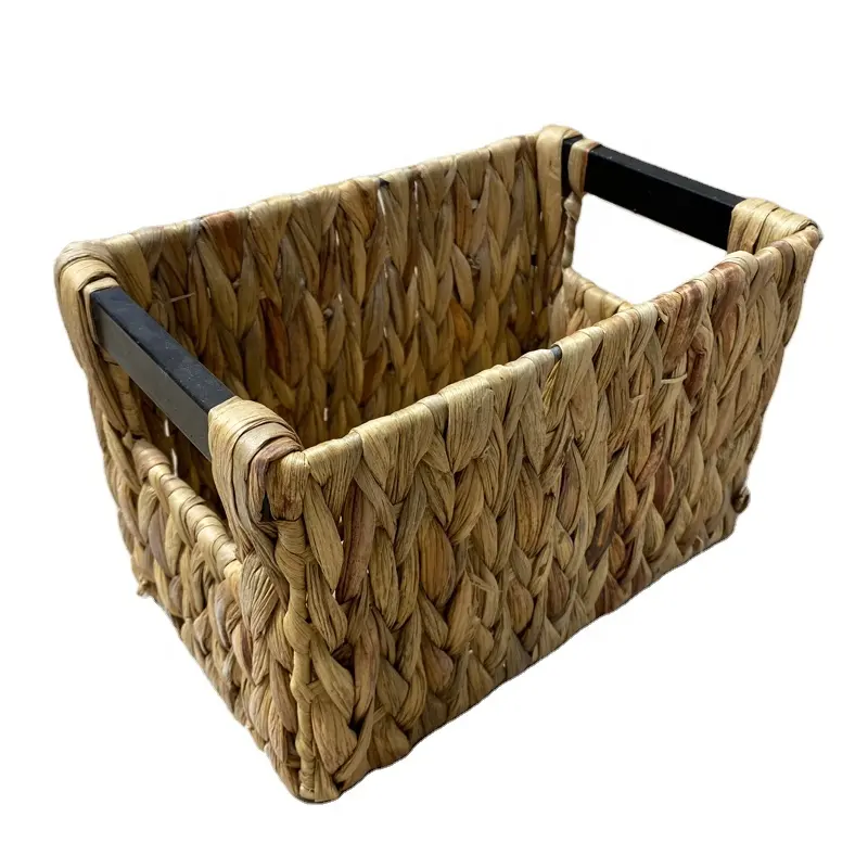 Cesta de armazenamento hiacinth, cestas retangulares com alças de madeira para prateleira, decoração natural