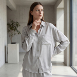 Ensemble deux pièces décontracté pour femme : chemise à col en V et manches longues en cuivre uni, pantalon large, coupe ample, fluide, séchage rapide, respirant - Product Image 4