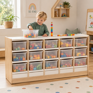 Armadio Portaoggetti in Legno <span class=keywords><strong>Montessori</strong></span> con 20 Contenitori in Plastica Rimovibili, Organizzatore per Aula Scolastica, Asilo Nido e Scuola - Product Image 1