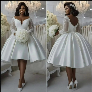 New Lace Satin Wedding Dress Deep V-neck Long <b>Sleeve</b> Elegant <b>Bridal</b> Mini Dress - Product Image 4