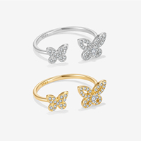 Bague ajustable FUAMAY haut de gamme en argent 925 plaqué or 18 carats/rhodium, double papillon pavé de zirconiums cubiques, hypoallergénique, bijoux fins