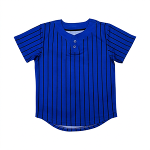 Maillot de baseball premium bleu rayé à deux boutons pour adultes, manches courtes, respirant, anti-humidité, avec logo et numéro, vente en gros - Product Image 1