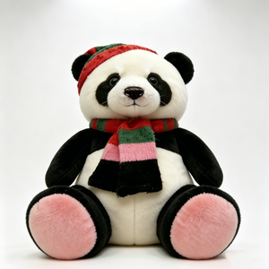 Peluche de Panda Navideño de Invierno |   Panda de Peluche Blanco y Negro con Gorro de Punto Rojo y Verde y Bufanda a Rayas, Patas con Almohadillas Rosas - Product Image 1