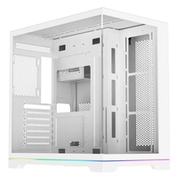 Boîtier d'ordinateur de jeu en alliage d'aluminium Ruix HALO 9 blanc ATX M-ATX ITX Mid Tower avec éclairage ARGB, bande lumineuse, fenêtre en verre, ports USB