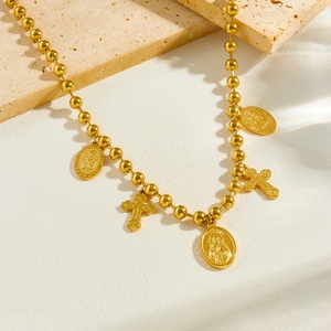 European American <b>Cross</b> Border Gold Plated <b>Cross</b> Oval Relief Pendant Beaded <b>Chain</b> Necklace Set Unisex Religious Ceremonies - Product Image 2