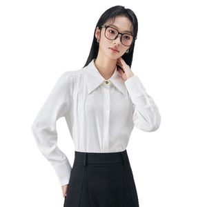 Black Long Sleeve Shirt Women Solid Color Pointed Collar Office Blouse Polyester Fabric Simple Style - Product Image 5
