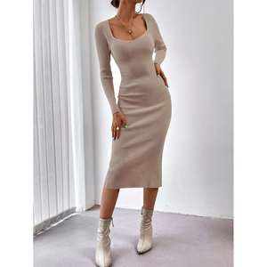Vestido midi de punto acanalado con cuello cuadrado color caqui talla XS para mujer - Product Image 4