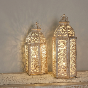 Kraft World Manufacturer Direct Ramadhan Decor Distressed White Metal Lantern Ramazan Gift Moroccan Cutwork <b>Tealight</b> <b>Holder</b> Pair - Product Image 1